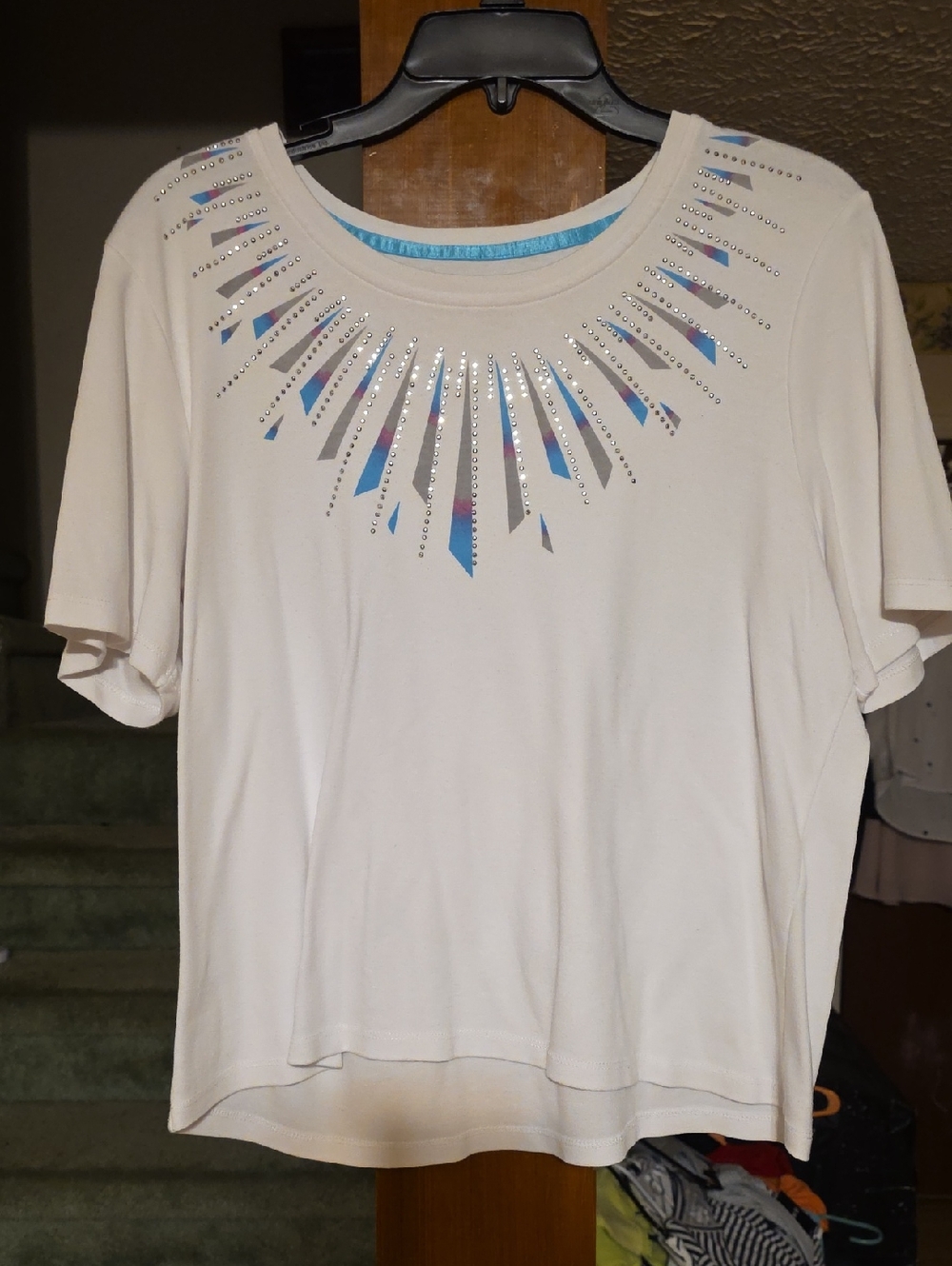 Chico's Cream Short Sleeve Tee with Iridescent Neck Embellishment